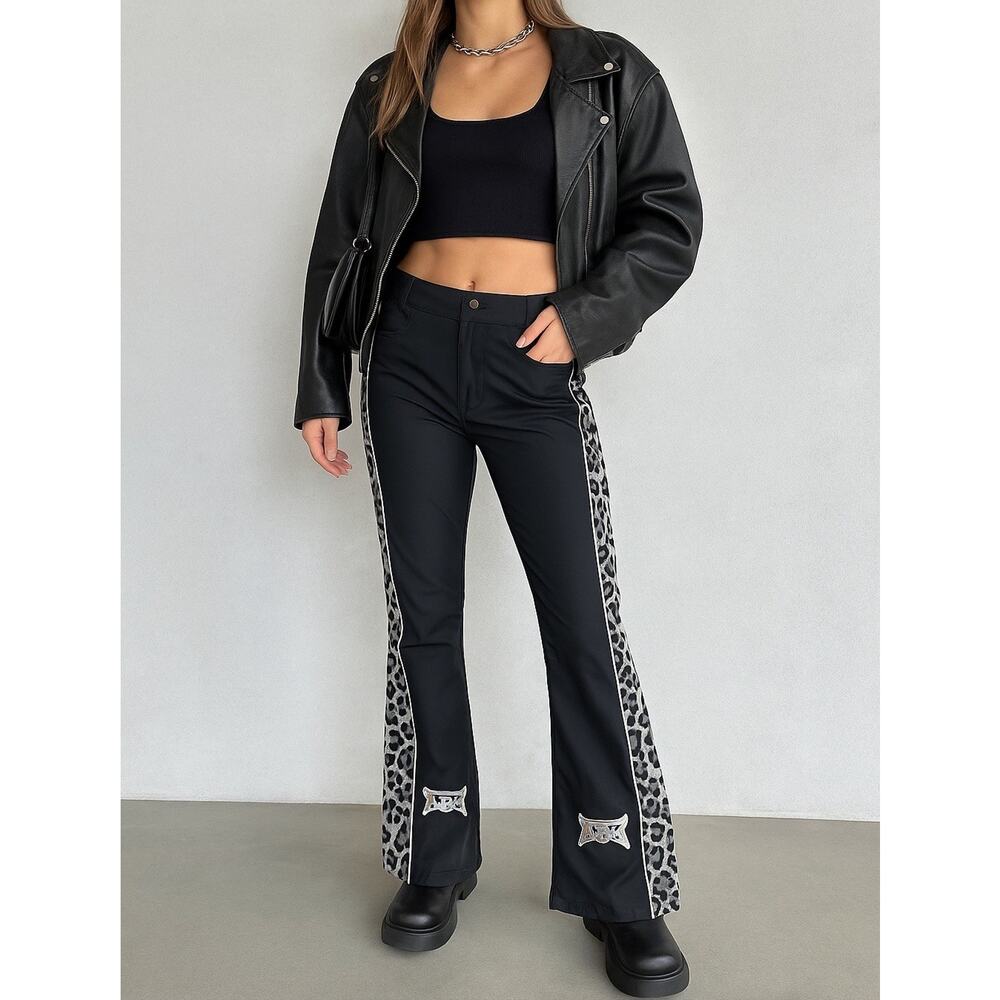 Y2K LBZ Low Waist Leopard Motorcycle Pants, Flare, Rare Vintage, Women’s Size 5